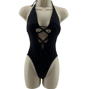 Isabella Rose Black Crisscross Front Plunge Halter One Piece Swimsuit Small